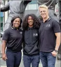  ??  ?? n MENTORS: Gideon Orena (centre) with ex England players Lewis Moody and Maggie Alphonsi at the first Jaguar Land Rover Academy of Sport workshop held at Twickenham