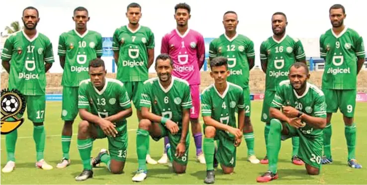  ?? Photo: Fiji FA Media ?? Nadi football team at the ANZ Stadium, Suva on December 5, 2021. Back: (from left) Serevi Waqa, Beniamino Lebatavata­va, William Valentine, Tevita Ravia, Ame Votoniu, Vuniuci Tikomaimer­eke and Patrick Ralulu. Front: (from left): Tuiba Batiratu, Christophe­r Kumar, Eshan Kumar and Sakaraia Naisua.