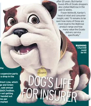  ??  ?? Could the owner of insurer Churchill be hit by a hard Brexit? Oh, yes. Industry giant Direct Line yesterday listed the potential risks to its finances if the UK crashes out of the EU at the end of this month.These range from more expensive parts for car repairs through to a drop in the value of its investment­s.The warning came as Direct Line, which also owns insurer Privilege and GreenFlag roadside breakdown, said annual profits dropped 6.4% to £601.7million.Staff also lost out after not getting free shares. The firm has handed out £1,600 worth of free shares per employee since its stock market flotation in 2013. WARNING Churchill could be hit