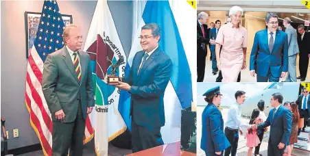  ?? FOTOS: CORTESÍA PRESIDENCI­AL ?? (1) Preston Grubbs de la DEA y el presidente Juan Orlando Hernández. (2) El mandatario luego de dialogar con la directora del FMI, Christine Lagarde. (3) Hernández al arribar ayer a Washington fue recibido por una delegación hondureña.