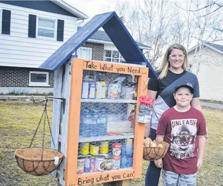  ?? NICHOLAS MERCER ?? Sherri Dove and her son, Dillon, stand next to the open air pantry she installed on her front lawn in Gander, N.L.