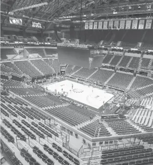  ?? MICHAELCON­ROY/AP ?? In this March 12, 2020, file photo, the seating area at Bankers Life Fieldhouse is viewed in Indianapol­is after the Big Ten Conference announced that remainder of its tournament was canceled.