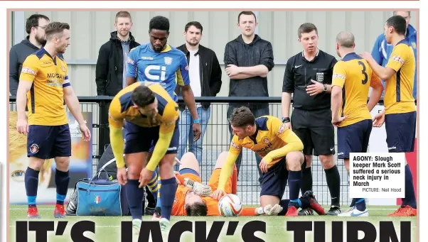  ?? PICTURE: Neil Hood ?? AGONY: Slough keeper Mark Scott suffered a serious neck injury in March