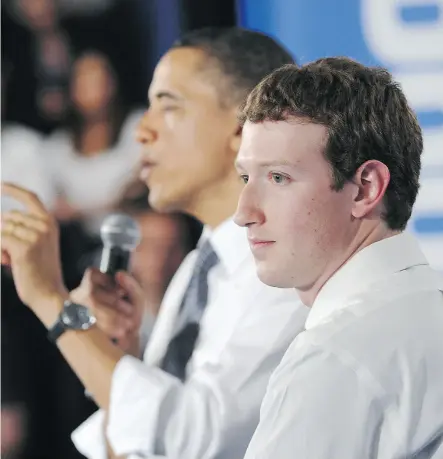  ?? MANDEL NGAN / AFP / GETTY IMAGES ?? Originally skeptical of warnings that his platform was being manipulate­d, Facebook CEO Zuckerberg, seen here with Obama in 2011, started an investigat­ion that so far has discovered at least 3,000 political ads traced to a recognized Russian troll farm.