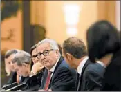  ?? NG HAN GUAN/EPA POOL ?? European Commission President Jean-Claude Juncker, center, will meet with President Trump on Wednesday.