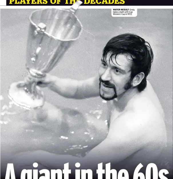  ??  ?? WATER RESULT Greig takes a bath with Cup Winners’ Cup in 1972