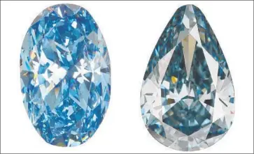  ?? Robison McMurtry and Jae Liao ?? BLUE DIAMONDS get their telltale color from small amounts of boron locked into their crystallin­e structures when the diamond first formed. The gem on the left is 3.81 carats, the one on the right is 2.08 carats.
