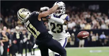  ?? GERaLD HERBERT/ THE ASSOCIATED PRESS FILE ?? A blatant pass interferen­ce by the Rams’ Nickell Robey-Coleman on Saints receiver Tommylee Lewis during the NFC Championsh­ip set the stage for possible rule changes.