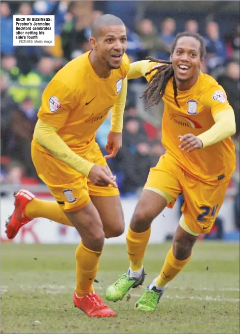  ?? PICTURES: Media Image ?? BECK IN BUSINESS: Preston’s Jermaine Beckford celebrates after netting his side’s fourth