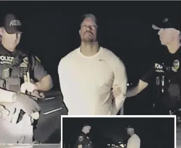  ??  ?? 2 Jupiter Police Department images from the dashcam of the arresting officers’ car shows Tiger Woods struggling to cope during the roadside sobriety tests