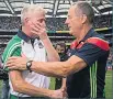  ??  ?? SHOCK John Kiely with Cork boss John Meyler after thriller