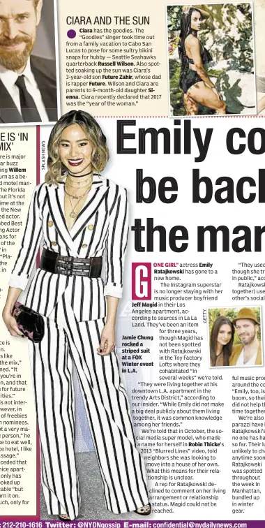  ?? GETTY ?? Willem Ciara Russell Wilson. Future Zahir, Future. Sienna. ONE GIRL” Jeff Magid Jamie Chung rocked a striped suit at a FOX Winter event in L.A. Emily Robin Thicke’s Neisen.