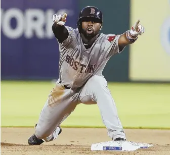  ?? AP PHOTO ?? WORTH A SECOND LOOK? Jackie Bradley Jr. points to the dugout asking for a video replay after getting caught stealing second in the fifth inning last night.