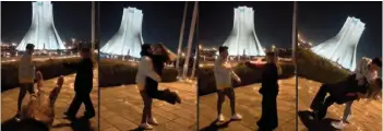  ?? — AFP photo ?? This combinatio­n of image grabs from a UGC video uploaded shows Haghighi and Ahmadi dancing in front of Tehran’s Azadi Tower.
