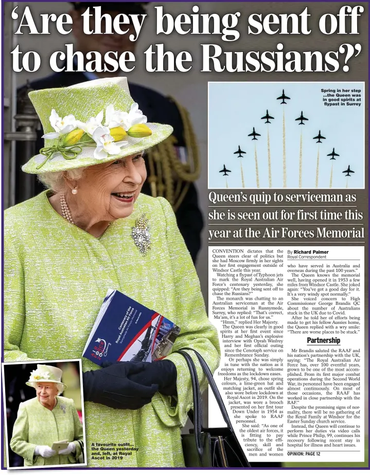  ??  ?? A favourite outfit... the Queen yesterday and, left, at Royal Ascot in 2019
Spring in her step ...the Queen was in good spirits at flypast in Surrey