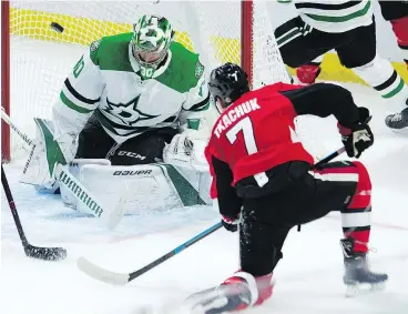  ?? — THE CANADIAN PRESS ?? Senators winger Brady Tkachuk drives to the net against Stars goalie Ben Bishop in NHL action Monday. Tkachuk had a goal in a 4-1 Sens’ victory.