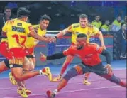  ??  ?? U Mumba’s Siddharth Desai attacked with sublime grace in their contest against Gujarat Fortune Giants on Saturday.