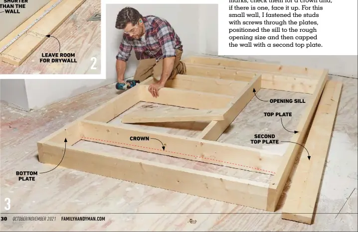  ??  ?? BOTTOM PLATE
LEAVE ROOM FOR DRYWALL
CROWN
OPENING SILL
TOP PLATE
SECOND TOP PLATE 3