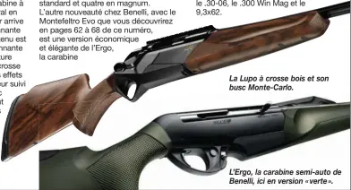  ?? ?? La Lupo à crosse bois et son busc Monte-Carlo.
L’Ergo, la carabine semi-auto de Benelli, ici en version « verte ».