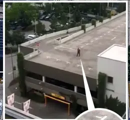  ??  ?? THE ROOFTOP STAND-OFF He appears on the roof of a car park next to the mall, and shoots at a man in a flat overlookin­g the site who shouts: ‘Are you crazy?’ The gunman replies: ‘I’m German.’ The man is unhurt.