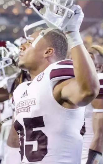  ?? (SDN file photo) ?? Former Starkville High School player Gabe Myles celebrates a Mississipp­i State win early in his college career. He will enter his senior season with the Bulldogs this fall.