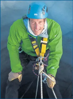  ??  ?? Ben in a typical action man setting climbing on a glacier, above, and top, with his wife Marina and their children Ludo and Iona