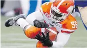  ?? CP ?? B.C. Lions linebacker Solomon Elimimian is among the nominees for top player and outstandin­g defensive player honours in the CFL.