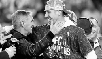 ?? MATT YORK/AP ?? San Francisco 49ers head coach Kyle Shanahan, right, celebrates with his dad, Mike, after the NFC championsh­ip game. Mike Shanahan has three Super Bowl rings of his own, one as an offensive coordinato­r with the 49ers and two as head coach of the Denver Broncos.