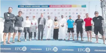  ??  ?? The skippers pose with the dignitarie­s during the opening of the EFG Sailing Arabia – The Tour 2017.