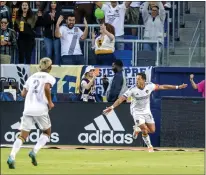  ?? ALEX GALLARDO – THE ASSOCIATED PRESS ?? Galaxy forward Chicharito Hernandez, right, says, “It's very special to play my hometown team.” The Galaxy will face Chivas today.