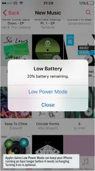  ??  ?? Apple claims Low Power Mode can keep your iPhone running an hour longer before it needs recharging. Turning it on is optional.