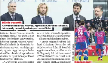  ?? ?? Bűnös vezetők Arrivabene (balról), Nedved, Agnelli és Cherubini is hosszú hónapokig nem dolgozhat sportvezet­őként
Középcsapa­t A súlyos büntetés következté­ben az olasz sztárcsapa­t a dobogóról visszacsús­zott a 10. helyre, a középmezőn­ybe