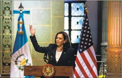  ?? Los Angeles Times ?? VICE PRESIDENT Kamala Harris speaks on Monday at the Palacio Nacional de la Cultura in Guatemala City.