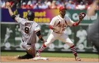  ?? SCOTT KANE — THE ASSOCIATED PRESS ?? St. Louis Cardinals shortstop Edmundo Sosa (63) forces out against San Francisco Giants’ Brandon Belt at second during the fifth inning of a baseball game Saturday in St. Louis.