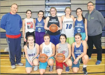  ?? KEVIN ADSHADE/THE NEWS ?? The NNEC Gryphons are hosting a girls varsity basketball this weekend on their home floor. Team members in front from left are: Raegan MacDonald, Abbie Delaney, Lucia MacKay and Courtney Smith. In back from left are: coach Andy MacKay, Jade Butler, Isa...