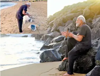  ?? — ASIAN AGE ?? Prime Minister Modi takes a stroll on the beach and also picks litter near the resort in Kovalam on Saturday morning.