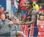  ?? DAVID DERMER/AP ?? Detroit Mercy guard Antoine Davis reacts after being called for a foul during the second half of a Horizon League quarterfin­al loss to top-seeded Youngstown State in Ohio. He barely missed passing Pete Maravich for the NCAA’s all-time scoring lead.