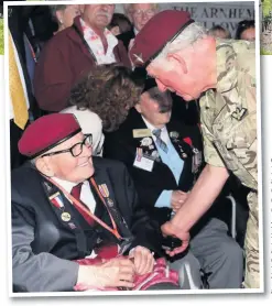  ??  ?? Joe Mawdsley, above, at the CWGC Oosterbeek Cemetery near Arnhem and, left, meeting Prince Charles at the Operation Market Garden 75th anniversar­y