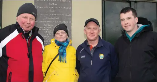  ??  ?? Waiting for the gates to open at Austin Stack Park to watch the Kerry versus Mayo NFL match on Saturday evening were Denis Guerin, Noreen Ahern, Johnny McGrath and Craig Cobbert. Photo by Joe Hanley