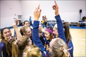  ?? Photo courtesy Wally Caddow ?? The Trinity Classical Academy girls volleyball team celebrates after beating Bishop Diego games in the CIF-SS Division 8 quarterfin­als at Henry Mayo Fitness Center on Wednesday. in five