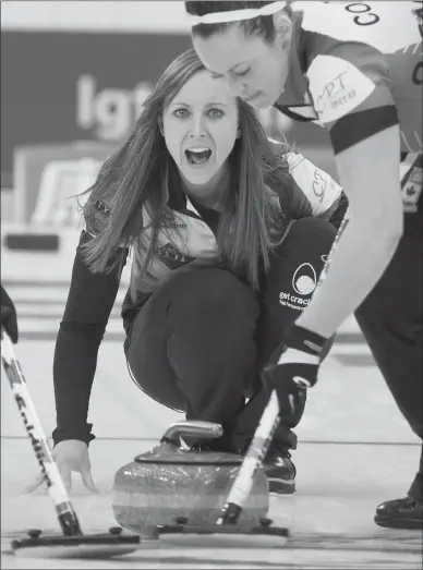  ?? The Associated Press ?? Canada’s Rachel Homan reacts after releasing a stone against Switzerlan­d during the World Women’s Curling Championsh­ip held in Beijing’s Capital Gymnasium on Monday.