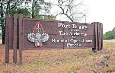  ?? [CHRIS SEWARD/ASSOCIATED PRESS FILE PHOTO] ?? A sign at Fort Bragg, N.C., is seen Jan. 4. A female soldier has graduated from the Army's elite Special Forces course and will for the first time join one of the all-male Green Beret teams.