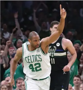  ?? NANCY LANE / BOSTON HERALD FILE ?? Al Horford reacts during the third quarter of Game 7 of the Eastern Conference semifinals against the Milwaukee Bucks at TD Garden on Sunday.