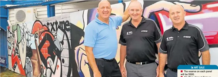  ?? PHOTO: CONTRIBUTE­D ?? GREAT CAUSE: Toowoomba Hospital Foundation CEO Peter Rookas (left) looks at the art panels with Col Hall (centre) and Phil Neidler from National Telephone and Data. The panels will be auctioned to raise funds for the foundation.