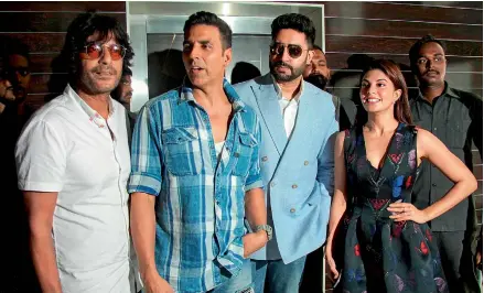  ??  ?? A FULL HOUSE: Jacqueline with ( left to right) Chunkey Pandey, Akshay Kumar and Abhishek Bachchan — her co- stars of Housefull 3, the third instalment in the supersucce­ssful Housefull series