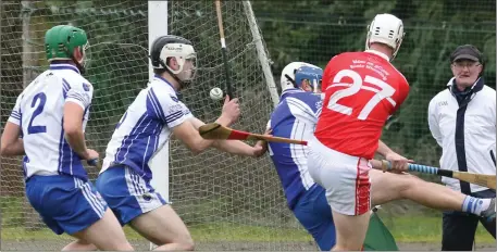  ??  ?? Bertie Gahan of Monageer-Boolavogue crashes the sliothar to the Craanford net in St. Patrick’s Park on Saturday.