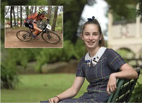  ??  ?? WINNER: Fairholme College student Laura Craft won two medals at the Oceania Mountain Bike Championsh­ips in Toowoomba’s Jubilee Park. INSET: Laura shows her winning ways on a mountain bike. PHOTOS: KEVIN FARMER/CONTRIBUTE­D