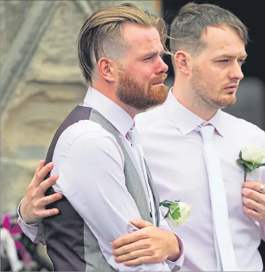  ??  ?? Alesha’s uncle Calum, left, in tears after yesterday’s funeral