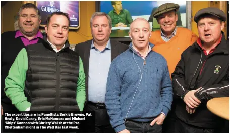  ??  ?? The expert tips are in: Panellists Berkie Browne, Pat Healy, David Casey, Eric McNamara and Michael ‘Chips’ Gannon with Christy Walsh at the PreChelten­ham night in The Well Bar last week.