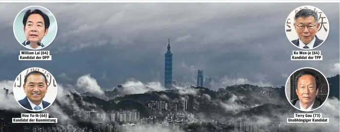  ?? ?? Stürmische Zeiten auf Taiwan: Das Foto des Wolkenkrat­zers Taipei 101 steht sinnbildli­ch für die Stimmung im Präsidents­chaftswahl­kampf, an dem erstmals vier Kandidaten teilnahmen – bis Freitag William Lai (64) Kandidat der DPP Hou Yu-ih (66) Kandidat der Kuomintang Ko Wen-je (64) Kandidat der TPP Terry Gou (73) Unabhängig­er Kandidat